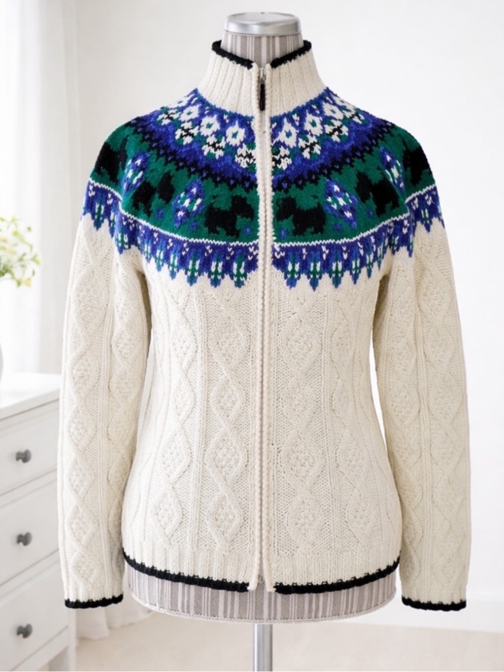 Vintage EAGLE’S EYE Nordic Cardigan Sweater Fair Isle Ski Cable Knit Sz Medium